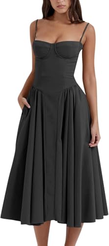 Sommerkleid Lang Damen Ärmellos Korsett Sundress Elegant Spaghettiträger Midikleid Frauen A Linie Milkmaid Partykleid Boho Festliches Kleider Cocktailkleid Vintage Prinzessin Brautjungfer Kleid von Hanaoops