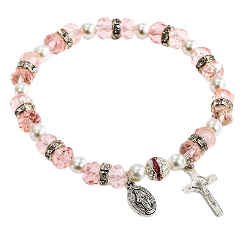 Hanaoops Damen Armbänder Kommunion Geschenke für Mädchen Mode Perlenarmband mit Kreuzkristall Stretch Katholische Armband Boho Modeschmuck von Hanaoops