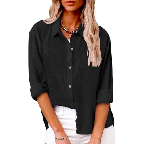 Hanaoops Damen Bluse Freizeit Langarm Hemd V-Ausschnitt Roll Up Ärmel Button Down Blusen Tops Elegant Einfarbig Langarmshirt Oberteile Lose Casual Arbeit Shirts von Hanaoops