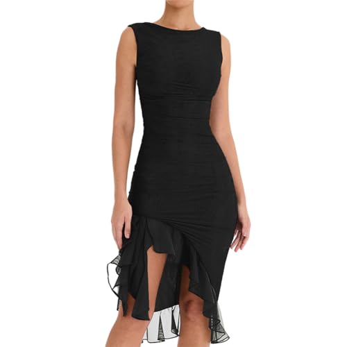 Hanaoops Damen Kleid Sexy Ärmellos Bodycon Midikleid Sommerkleid Elegante Gerüscht Rüschensaum Partykleid Rundhals Rückenfrei Enges Wickel Abendkleid Figurbetontes Tüll Tankkleid Cocktailkleid von Hanaoops