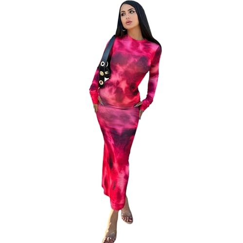 Hanaoops Damen Langarm Maxikleid Batikmuster Figurbetontes Kleid mit Rüschen Sexy Rundhalsausschnitt Bodycon Kleid Eng Lang Freizeitkleid Abendkleid Partykleid Clubkleid Cocktail Kleider von Hanaoops