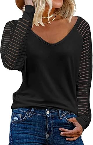 Hanaoops Damen Langarm Oberteil Ladies Comfy Gestreiftes Weiches Tunika T Shirt Solide Farbe Elegant V Ausschnitt Essentials Blusen Top Black L von Hanaoops