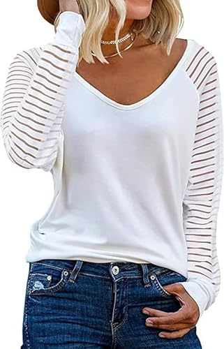 Hanaoops Damen Langarm Oberteil Ladies Comfy Gestreiftes Weiches Tunika T Shirt Solide Farbe Elegant V Ausschnitt Essentials Blusen Top White XL von Hanaoops