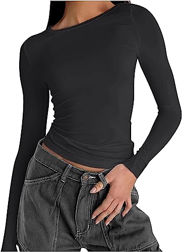 Hanaoops Damen Langarm T-Shirt Rundhals Y2K Sexy Crop Top Basic lässig einfarbige Bluse Lose Herbst Sweatshirt Tops Herbst-Ästhetik Streetwear Black s von Hanaoops