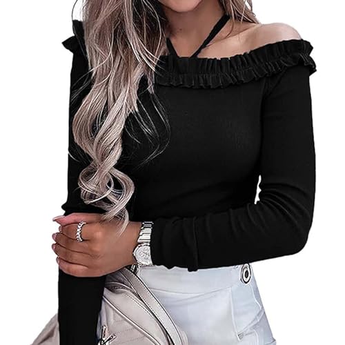 Hanaoops Damen Langarmshirt Elegant mit Schulterfreies Neckholder Rüschen Langarm Oberteile Lässige Mode Street Tops Schwarz S von Hanaoops