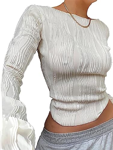 Hanaoops Damen Langarmshirt Streifen Oberteile Basic Casual Elegant Bluse Y2k Fashion Sexy Langarm Rundhalsausschnitt Top Herbst-Ästhetik Streetwear von Hanaoops