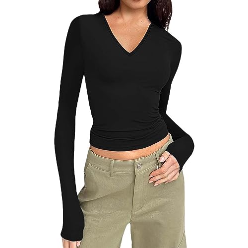 Hanaoops Damen Langarmshirts V Ausschnitt Oberteil Elegant Basic Casual Bluse Y2k Fashion Slim Vielseitig Shirt für Frauen Schwarz S von Hanaoops