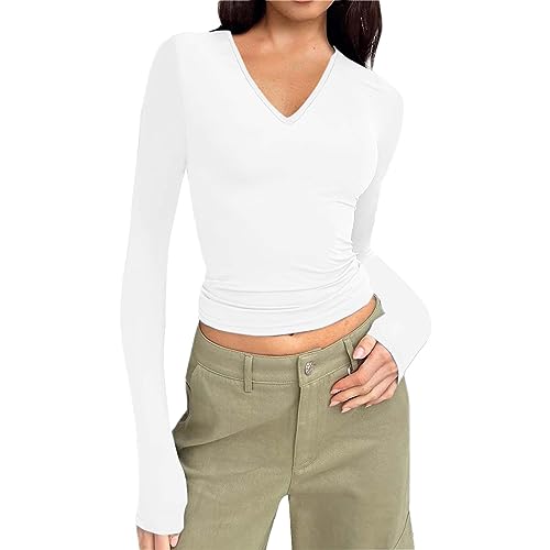 Hanaoops Damen Langarmshirts V Ausschnitt Oberteil Elegant Basic Casual Bluse Y2k Fashion Slim Vielseitig Shirt für Frauen Weiß L von Hanaoops