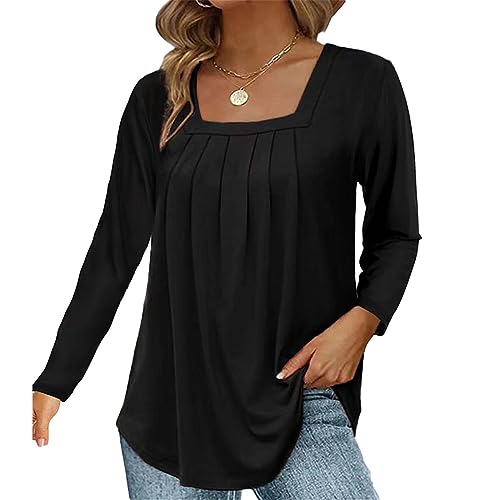 Hanaoops Damen Langarmshirts mit quadratischem Ausschnitt Elegantes Plissiertes Hemd Einfarbige lässige Oberteile Schwarz L von Hanaoops