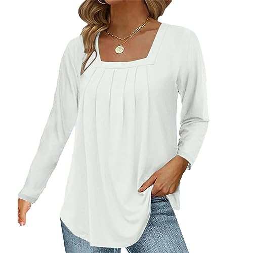 Hanaoops Damen Langarmshirts mit quadratischem Ausschnitt Elegantes Plissiertes Hemd Einfarbige lässige Oberteile Weiß M von Hanaoops