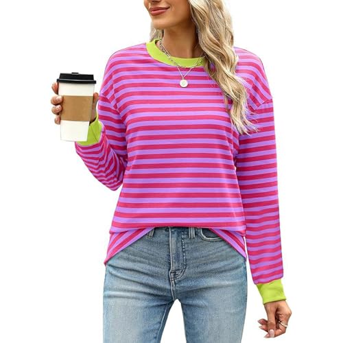 Hanaoops Damen Oversized Sweatshirt Gestreifter Color Block Pullover Oberteile Rundhals Langarmshirts Lose Y2K Casual Shirt Herbst Winter Locker Top von Hanaoops
