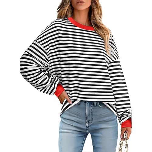 Hanaoops Damen Oversized Sweatshirt Gestreifter Color Block Pullover Oberteile Rundhals Langarmshirts Lose Y2K Casual Shirt Herbst Winter Locker Top von Hanaoops
