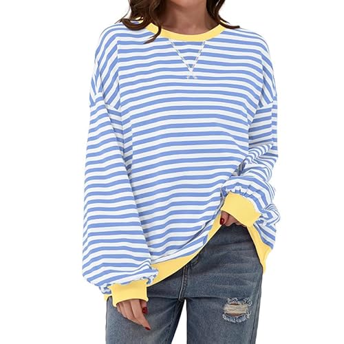 Hanaoops Damen Oversized Sweatshirt Gestreifter Farbblock Rundhals Langarmshirts Lässig Lose Pullover-Oberteile Herbst Winter Casual Y2K Langärmelig Shirt Top von Hanaoops