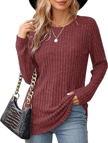 Hanaoops Damen Pullover Langarm Female Lässig Tunika Einfarbig Sweatshirt Rundhalsausschnitt Weiche Strickpullover Tops Burgunderrot L von Hanaoops