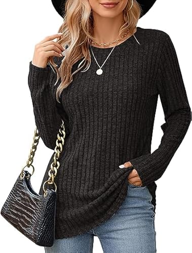 Hanaoops Damen Pullover Langarm Female Lässig Tunika Einfarbig Sweatshirt Rundhalsausschnitt Weiche Strickpullover Tops Schwarz M von Hanaoops