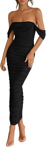 Hanaoops Damen Sexy Maxikleid Schulterfreie Ärmellose Langes Kleid Elegantes Geraffte Rückenfreies Figurbetontes Kleid Bodycon Partykleid Einfarbig Wickelkleid Stretch Eng Cocktailkleid Abendkleid von Hanaoops
