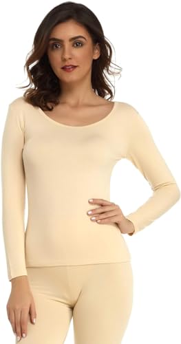 Hanaoops Damen Shirt Thermo Langarm Ultradünnes Rundhalsausschnitt Weiches Unterhemd Unterwäsche Basisschicht Oberteil Sport und Freizeit Tops Winter Beige von Hanaoops