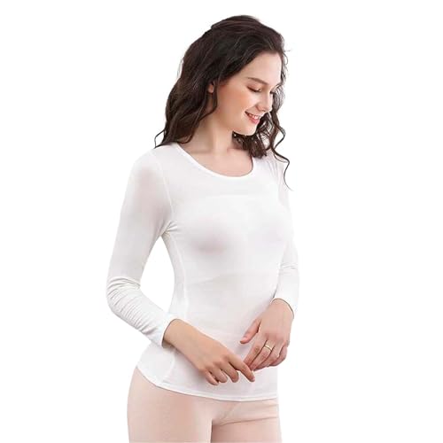 Hanaoops Damen Shirt Thermo Langarm Ultradünnes Rundhalsausschnitt Weiches Unterhemd Unterwäsche Basisschicht Oberteil Sport und Freizeit Tops Winter Weiß von Hanaoops