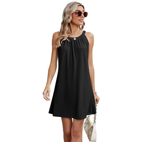 Hanaoops Damen Strandkleider Sommer Ärmellos Minikleid Boho Strandponcho Bikini Cover-Ups Kurze Strandurlaub Badeanzug Sommerkleid Lässiges Rundhals Strand Bademode Kleid von Hanaoops