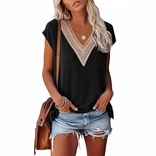 Hanaoops Damen T-Shirt Kurzarm Lace V-Ausschnitt T-Shirt Casual Cap Sleeve Oberteile für Frauen Sommer Casual Lose Tank Top Basic Mädchen Tops von Hanaoops