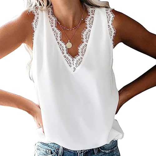 Hanaoops Damen Tank Tops Sexy Ärmellos V-Ausschnitt Weste Spitzen Oberteile Satin Basic Cami Sommer Casual Shirt White/M von Hanaoops