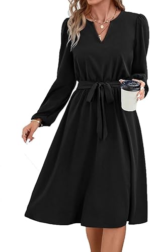 Hanaoops Damen V-Ausschnitt Langarm Kleider Mode A Linie Taillenkleid Casual Einfarbige Midikleider Schwarz Alltägliches Partykleid Elegant Knielang Herbstkleid von Hanaoops