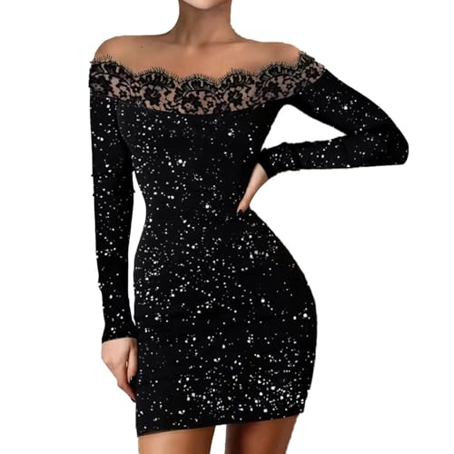 Hanaoops Glitzer Kleid Damen Langärmeliges Schulterfreies Mini Kleider Elegantes Pailletten Bodycon Partykleid Kurzes Party Club Kleid Moden Figurbetontes Cocktailkleid Ballkleid Wickelkleider von Hanaoops
