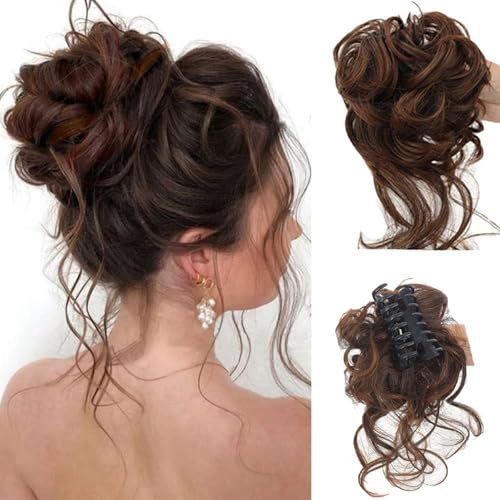 Hanaoops Haarteile Dutt Pferdeschwanz Verlängerung Klaue Clip Lockig Wellig Synthetik Haare Extensions Messy Lang Lockige Hochsteckfrisure Bun für Damen (B) von Hanaoops