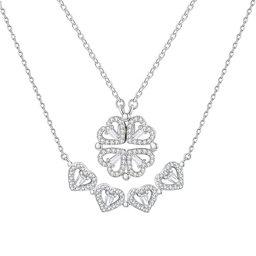 Hanaoops Halskette Damen Kleeblatt Kette Herzform Faltkette Magnetischer Abnehmbarer Herz Anhänger Liebe Vierblättriges Kleeblatt Mit Volldiamant von Hanaoops
