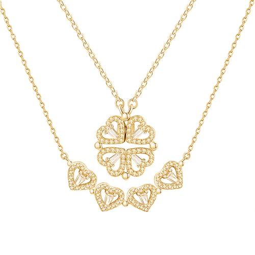 Hanaoops Halskette Damen Kleeblatt Kette Herzform Faltkette Vierblättriges Kleeblatt Magnetischer Abnehmbarer Herz AnhäNger Kette Liebe Herz Vierblättriges Kleeblatt Anhänger mit Volldiamant Kette von Hanaoops