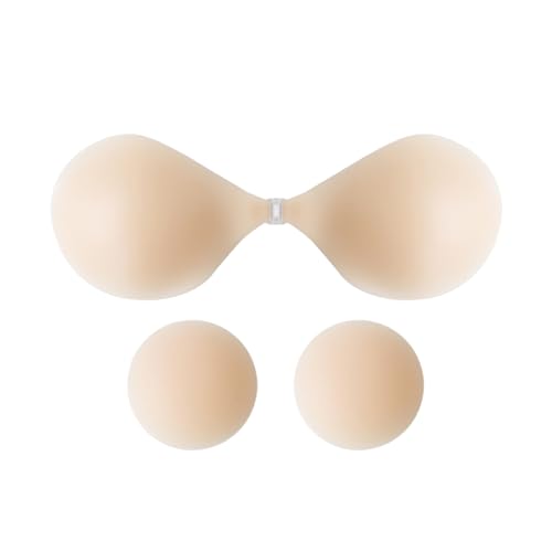 Hanaoops Klebe BH Push Up Rückenfrei BH Silikon Unsichtbare Trägerlos BH für Frauen Selbstklebend BH Mit 2Pcs Nippelpads Wiederverwendbare Sticky Bra für Abendkleid Brautkleid Badeanzug von Hanaoops