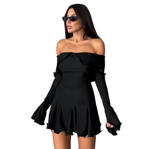 Hanaoops Kleid Damen Schulterfreies Bodycon Kleider Minikleid Sexy Langarm Mit Rüschen Party Cocktail Club Freizeitkleid Herbstkleid Kurz von Hanaoops