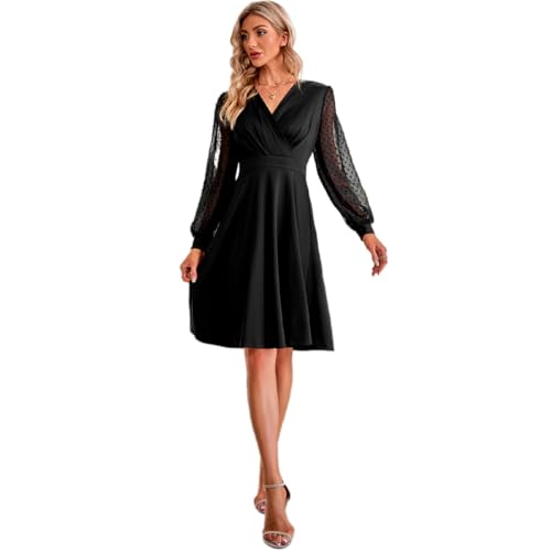 Hanaoops Kleid Damen V-Ausschnitt Swing Knielang Coctailkleid Mesh Polka Dot Langarm Festliche Kleider Vintage A Linie Knielang Partykleid für Hochzeit Abendkleider Herbst Winterkleid Ballkleid von Hanaoops