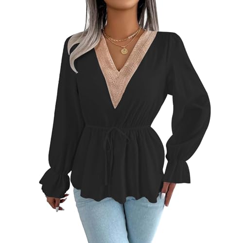 Hanaoops Langarmshirt Damen V Ausschnitt Langarm Spitzen Top Elegant Rüschen Langarmshirt Slim Fit Bluse Casual Langarm Oberteile Schwarz/M von Hanaoops