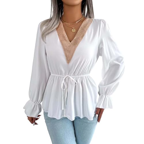 Hanaoops Langarmshirt Damen V Ausschnitt Langarm Spitzen Top Elegant Rüschen Langarmshirt Slim Fit Bluse Casual Langarm Oberteile Weiß/M von Hanaoops