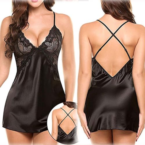 Hanaoops Negligee Damen Dessous Sexy Set Babydoll Nachthemd mit Spitze und Tiefem V-Ausschnitt Nachtwäsche Kleid Schwarz L von Hanaoops