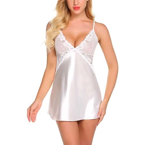 Hanaoops Negligee Damen Dessous Sexy Set Babydoll Nachthemd mit Spitze und Tiefem V-Ausschnitt Nachtwäsche Kleid Weiß S von Hanaoops