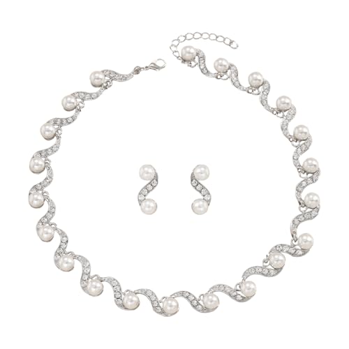 Hanaoops Perlen Halskette Ohrringe Schmuck Sets Brautschmuck Set Hochzeit Schmucksets für Damen Silberne Strasssteine Perlen Choker und Ohrringe Luxus Modeschmuck für Braut Brautjungfern (Silber) von Hanaoops