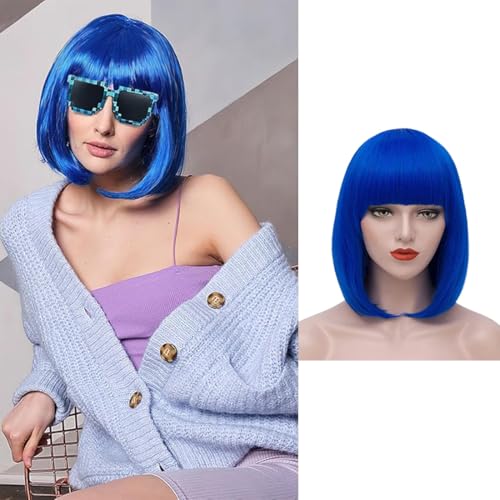 Hanaoops Perücke Damen Kurze Bob Perücke mit Pony 30cm Natürliche Gerade Perücken Bunte Synthetisches Haar Perücken Faschi Ngsperücken für Karneval Cosplay Motto Party Täglich Gebrauch (Blau) von Hanaoops