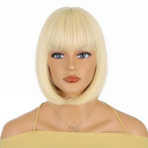 Hanaoops Perücke Damen Kurze Bob Perücke mit Pony 30cm Natürliche Gerade Perücken Bunte Synthetisches Haar Perücken Faschi Ngsperücken für Karneval Cosplay Motto Party Täglich Gebrauch (Blond) von Hanaoops