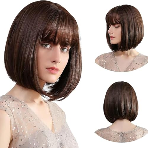 Hanaoops Perücke Damen Kurze Bob Perücke mit Pony 30cm Natürliche Gerade Perücken Bunte Synthetisches Haar Perücken Faschi Ngsperücken für Karneval Cosplay Motto Party Täglich Gebrauch (Braun) von Hanaoops
