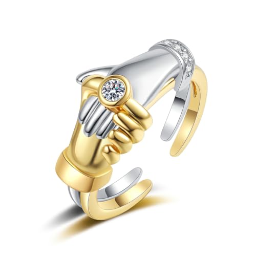 Hanaoops Ringe für Damen Offen Verstellbar Ring Promise Stapelring Silber Gold Umarmende Hände Zirkonia Partnerringe Fingerring Midi Ring Einfacher Schmuck (Silber Gold, Einheitsgröße) von Hanaoops