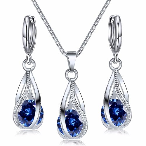 Hanaoops Schmuckset Damen Silber 925 Set Teardrop Cubic Zirkonia Kristall-Anhänger Halskette Ohrringe Sets Geschenk für Set Freundin Ehefrau am Valentinstag blau von Hanaoops