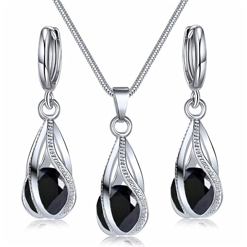 Hanaoops Schmuckset Damen Silber 925 Set Teardrop Cubic Zirkonia Kristall-Anhänger Halskette Ohrringe Sets Geschenk für Set Freundin Ehefrau am Valentinstag schwarz von Hanaoops