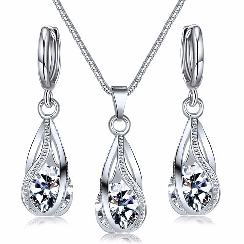 Hanaoops Schmuckset Damen Silber 925 Set Teardrop Cubic Zirkonia Kristall-Anhänger Halskette Ohrringe Sets Geschenk für Set Freundin Ehefrau am Valentinstag weiß von Hanaoops