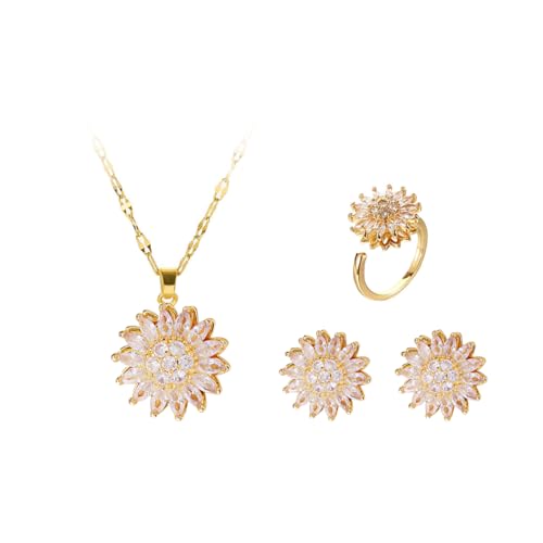 Hanaoops Schmuckset für Damen Glitzernde Strass Legierung Schmuck 3 Stück Ohrringe Halskette Ring Set Gänseblümchen Kostümschmuck-Set Valentinstag Muttertags Geschenke (Gold, Einheitsgröße) von Hanaoops