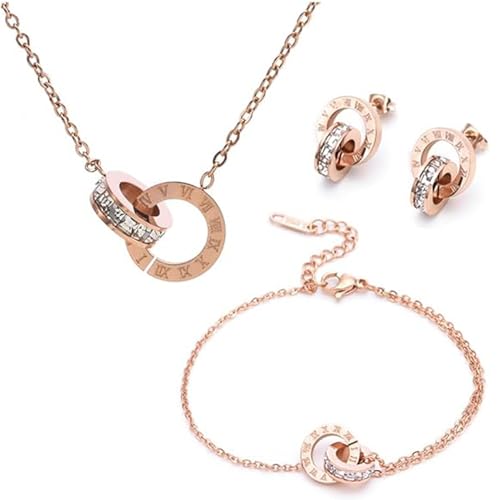Hanaoops Schmuckset für Damen und Mädchen Zirkonia Edelstahl Römische Ziffern Kreis Anhänger Halskette Ohrringe Armband Set Vergoldet Versilbert 3 Stück Schmuck Set Brautschmuck von Hanaoops