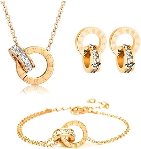 Hanaoops Schmuckset für Damen und Mädchen Zirkonia Edelstahl Römische Ziffern Kreis Anhänger Halskette Ohrringe Armband Set Vergoldet Versilbert 3 Stück Schmuck Set Brautschmuck von Hanaoops