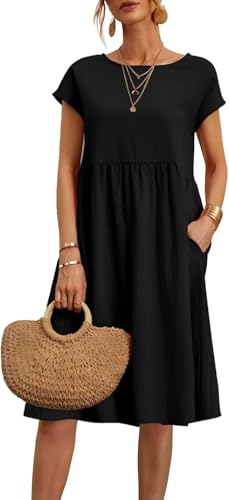 Hanaoops Sommerkleid Damen Kurzarm Rundhals Freizeit Kleider Lose A-Linie Midi Kleid Leicht Einfarbig Strandkleid mit Tasche von Hanaoops
