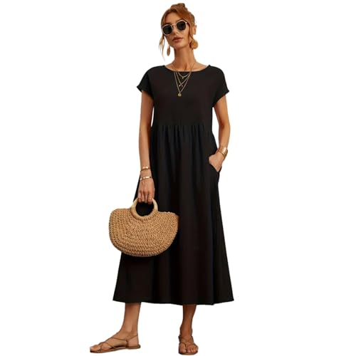 Hanaoops Sommerkleid Damen Lang Kurzarm Rundhals Maxikleid Lose A-Linie Elegant Freizeitkleider Leicht Einfarbig Strandkleid mit Taschen von Hanaoops